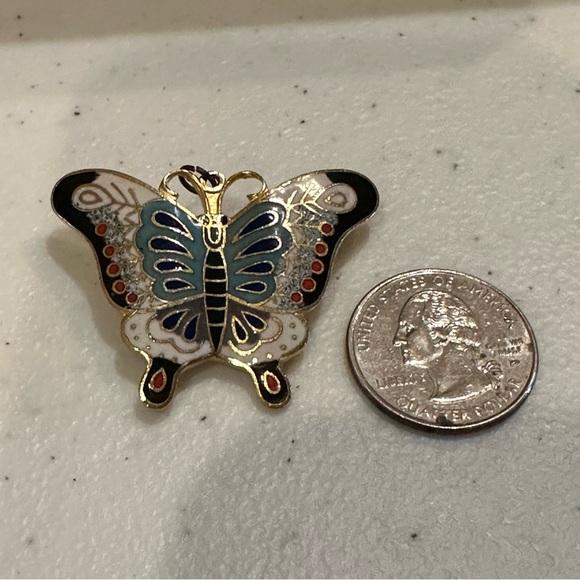 Gorgeous Cloisonne Butterfly Brooch / Pendant- gold tone w/ blue, black, white - Picture 5 of 8